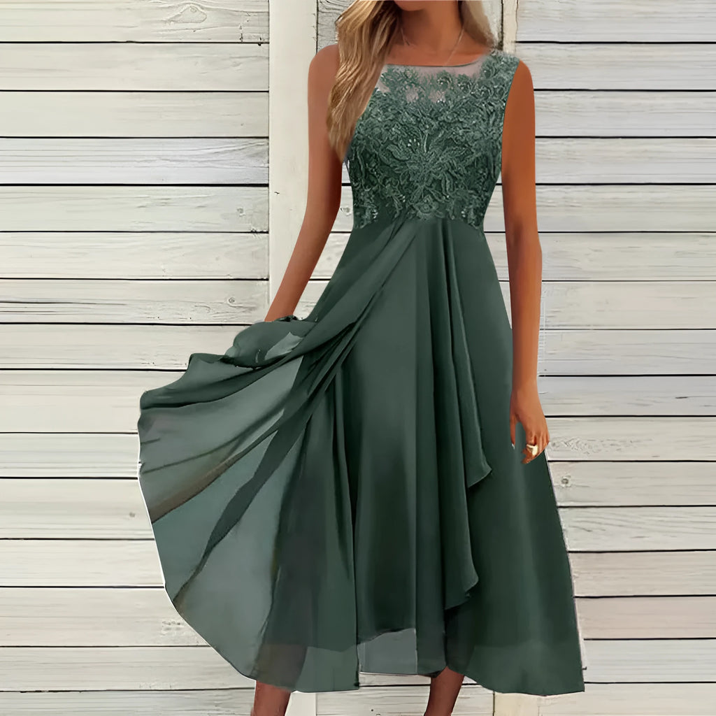 Women's sleeveless chiffon dress with lace hollow-out stitching in green, shown in a princess-style mid-length cut.