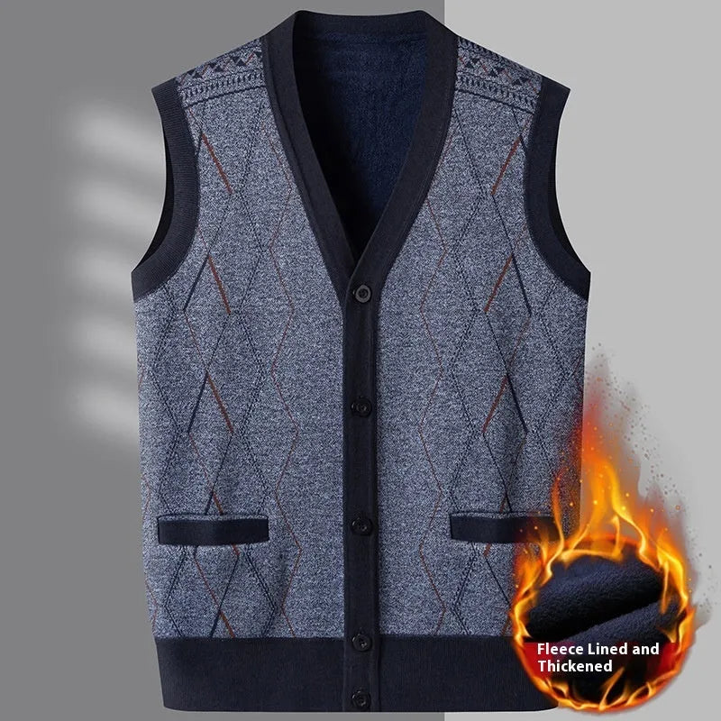 Men's fleece lined V-neck sweater vest in M06 wine red – loose fit straight hem polyester knit waistcoat for winter daily wear