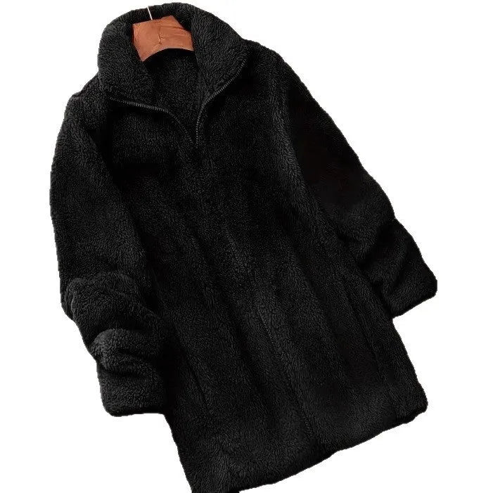 Double-sided velvet fleece coat in black, navy blue and khaki colour options showing soft texture and practical outdoor design