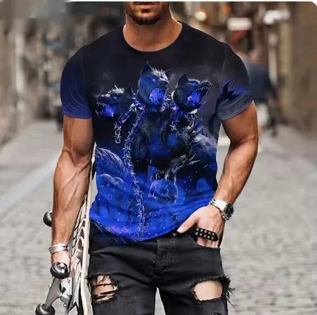 Men's black t-shirt with a large, detailed 3D printed graphic of a fierce lion's face on the front.