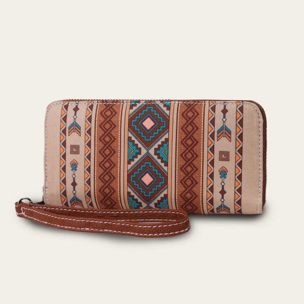 Striped canvas RFID wallet in beige with 20x10x2cm dimensions showing anti-theft card protection