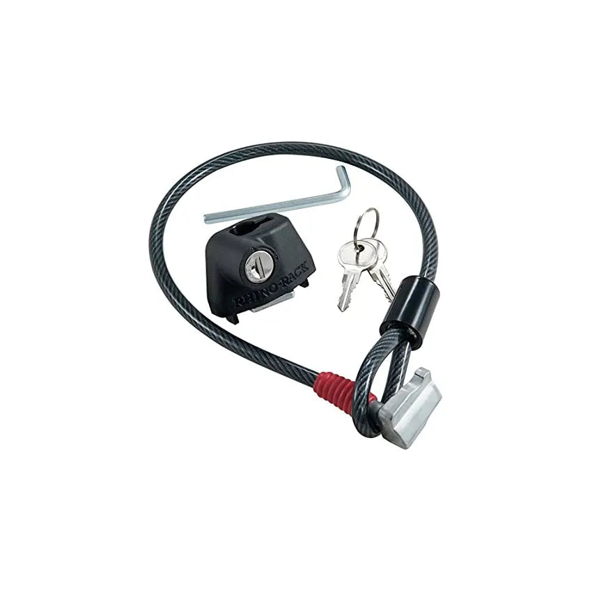 Steel cable lock with plastic sheath for securing equipment on a vehicle roof platform.