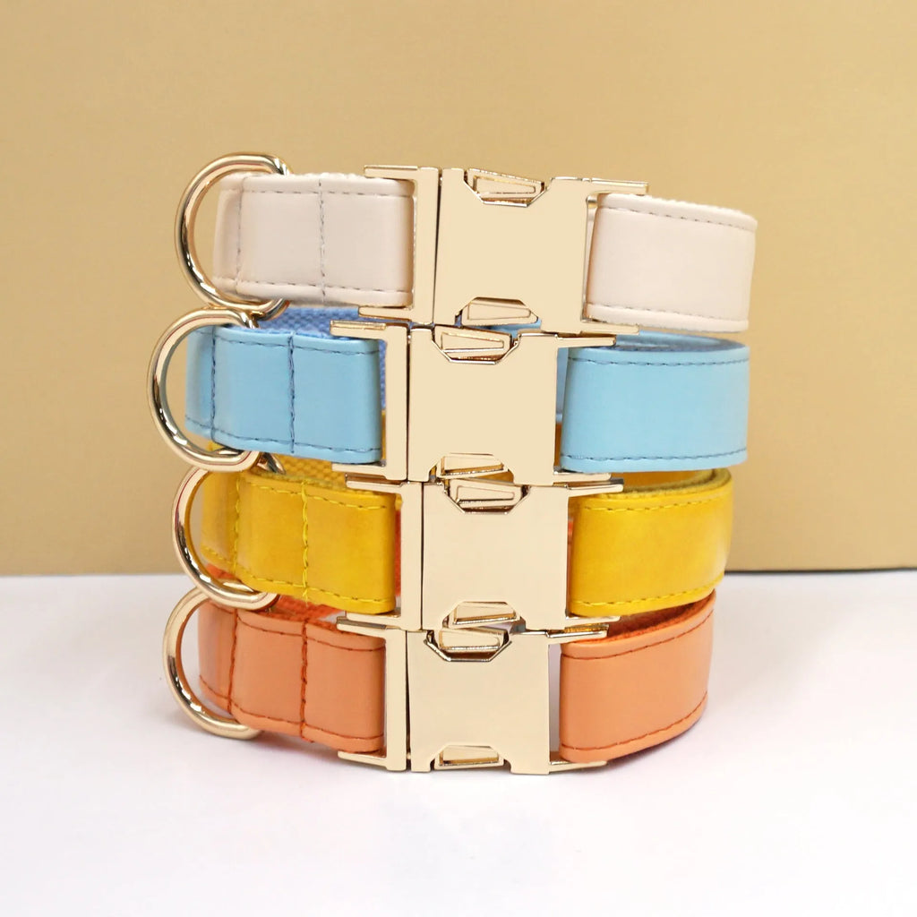 Simple colour block leather dog collar shown in caramel colour on a white background.