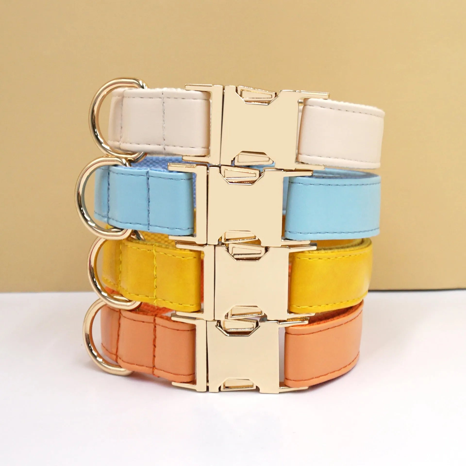 Simple colour block leather dog collar shown in caramel colour on a white background.