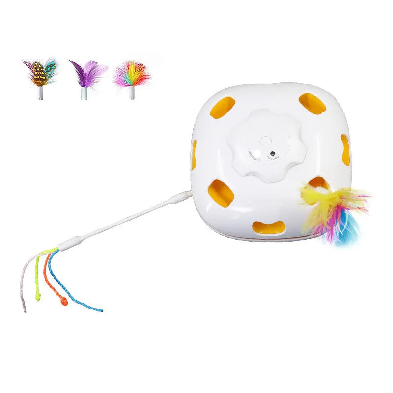 Plastic self-play cat teaser wand with feather attachments measuring 19.8cm