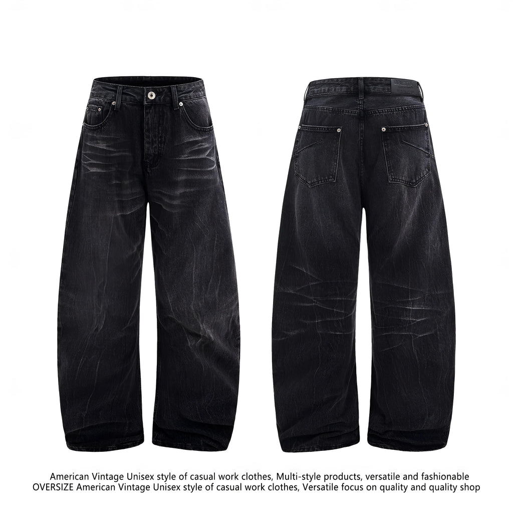 American washed old lightning crack straight-leg jeans in black cotton for men