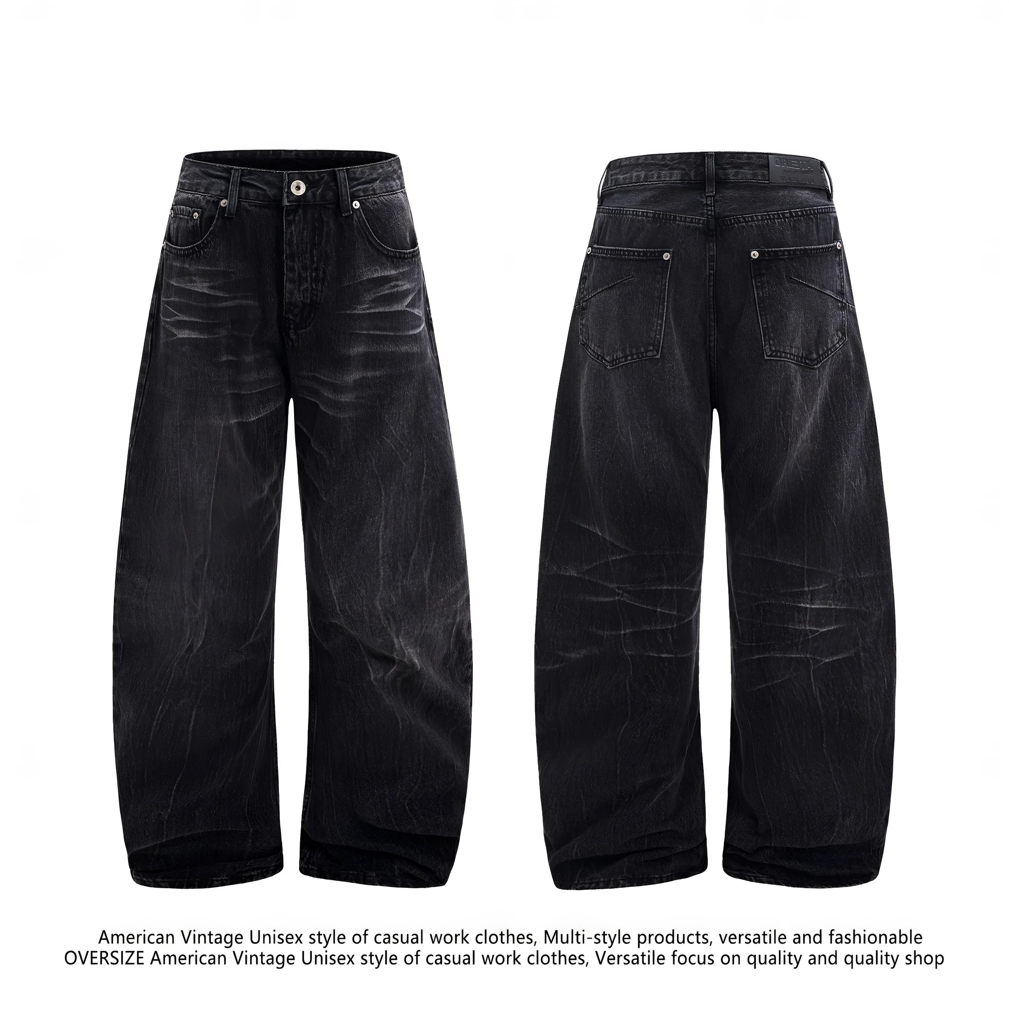 American washed old lightning crack straight-leg jeans in black cotton for men
