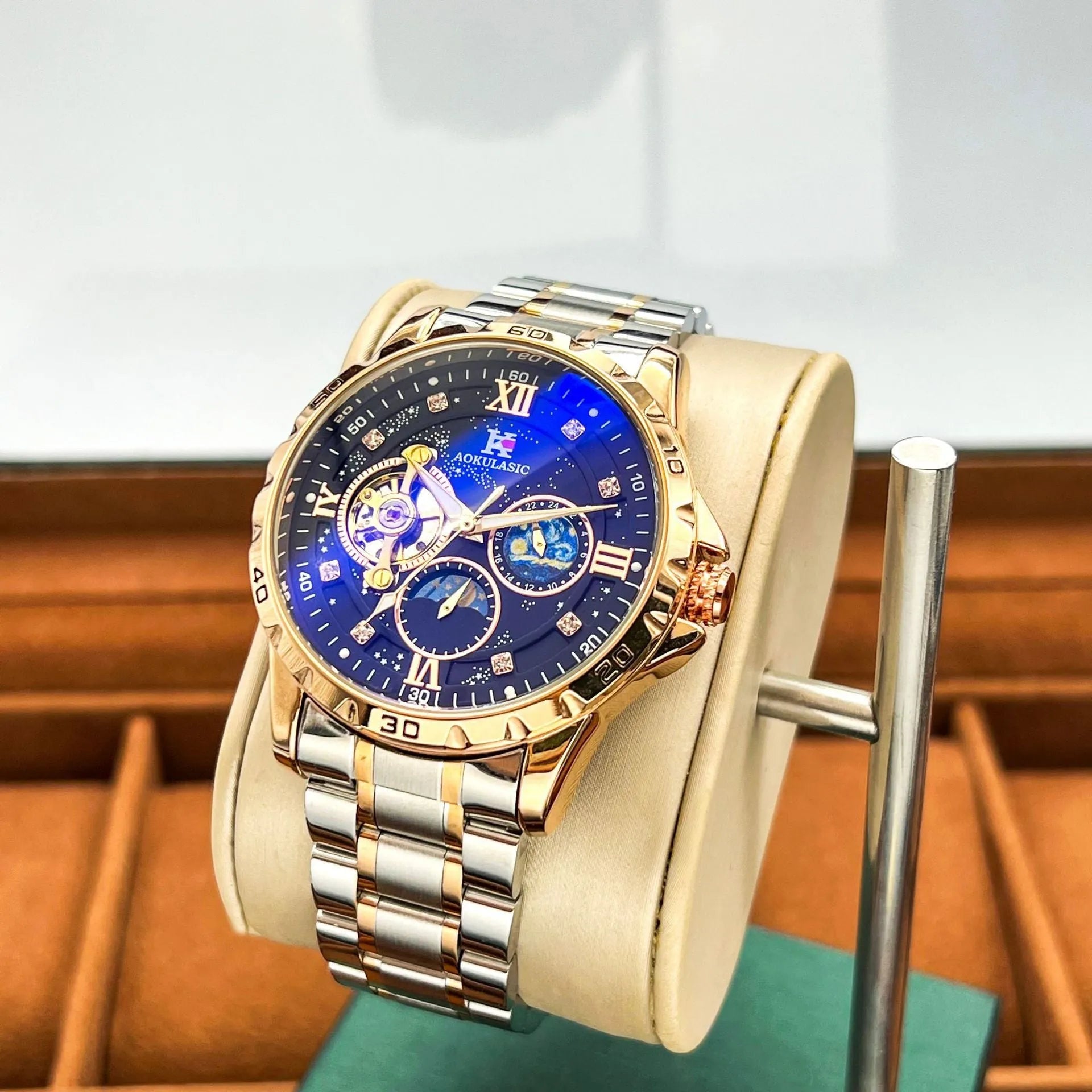 Men's rose gold automatic mechanical watch with black dial and large display