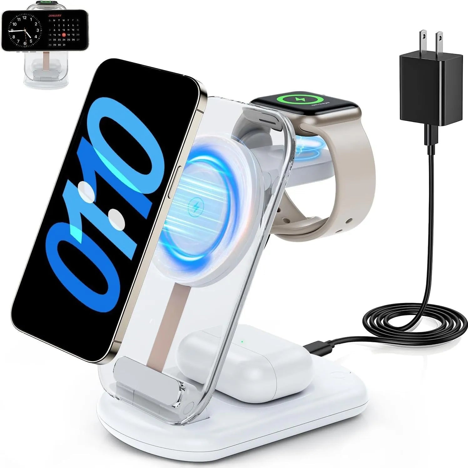 Transparent folding three-in-one wireless charger showing internal components