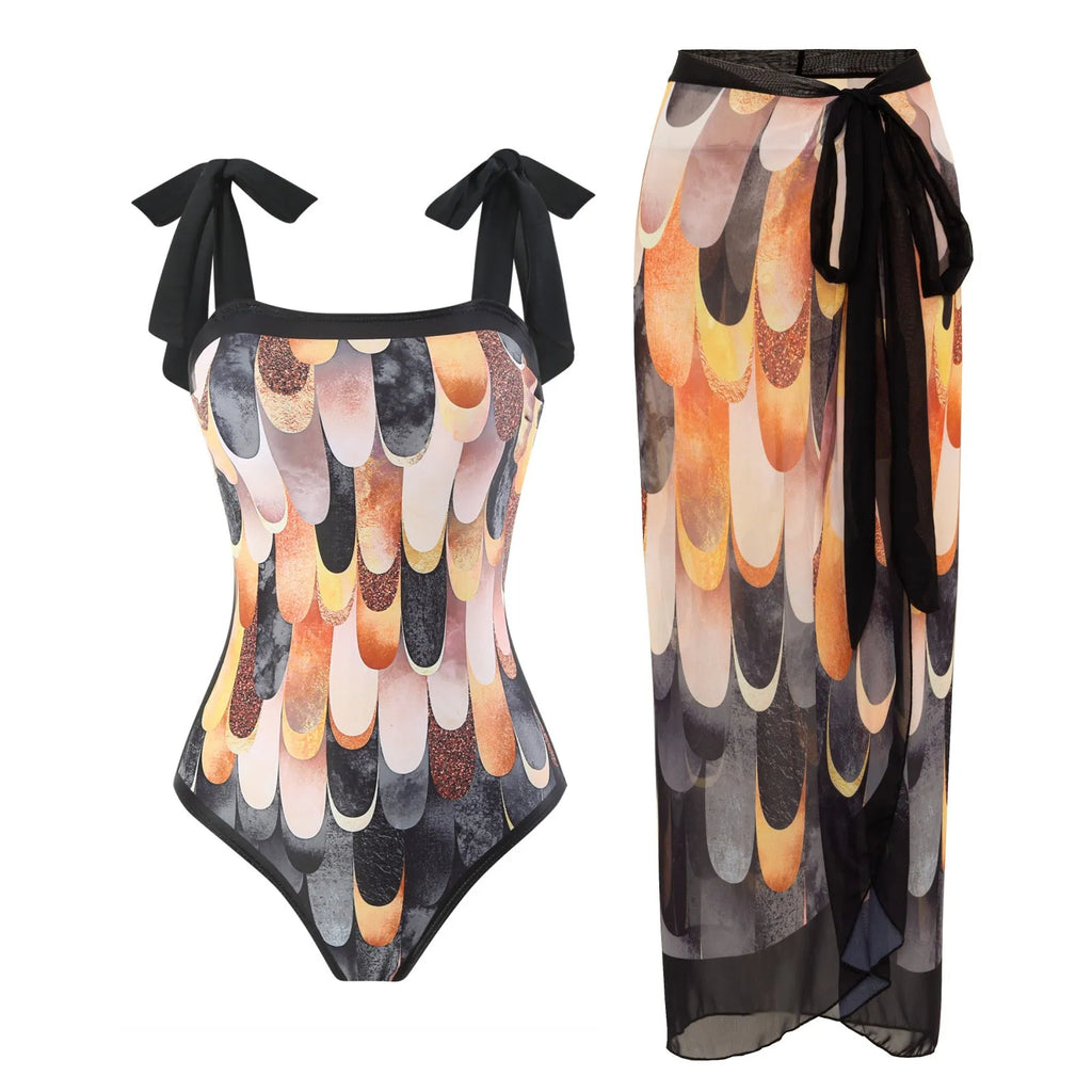 Women's one-piece swimsuit with chiffon skirt in floral pattern, conservative design for swimming