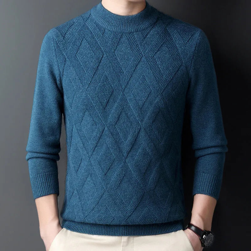 Men's thicken thermal wool diamond jacquard pullover sweater in plus size, shown in light camel colour.