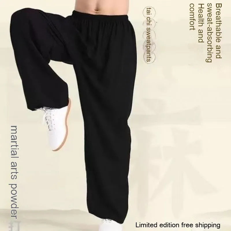 Black children's high-elasticity Sanda practice pants made from Lycra fabric, laid flat.