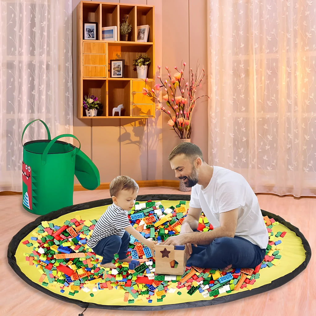 Green felt cube storage bag with pull rope, shown both as a closed bag and flattened as a play mat.