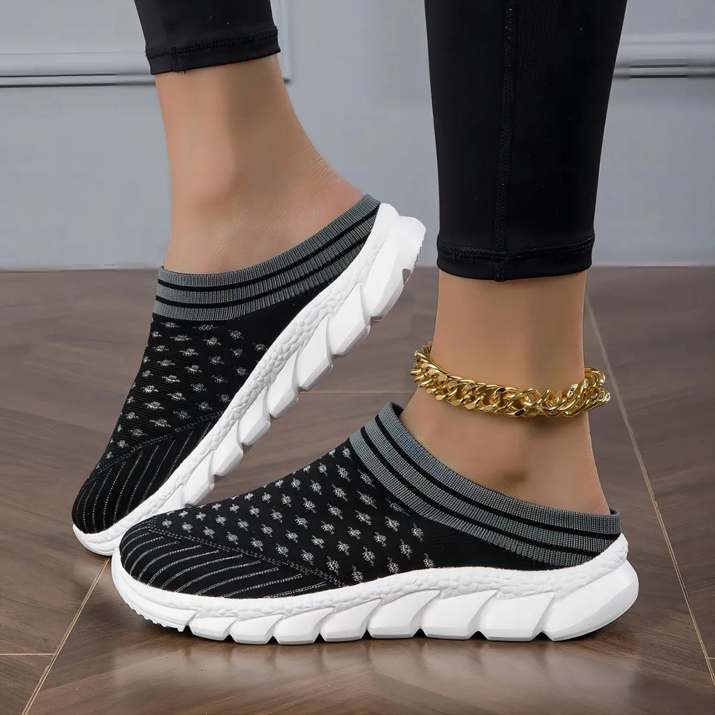 Women's black Flyknit height-increasing slipper shoes with striped pattern and hollowed-out breathable design