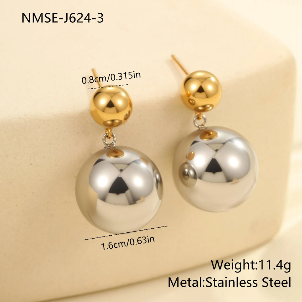 Round beads stainless steel colour-block stud earrings with geometric sphere design and 18K gold electroplating
