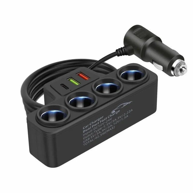 Car-mounted multi-function fast charging cigarette lighter with dual USB PD ports