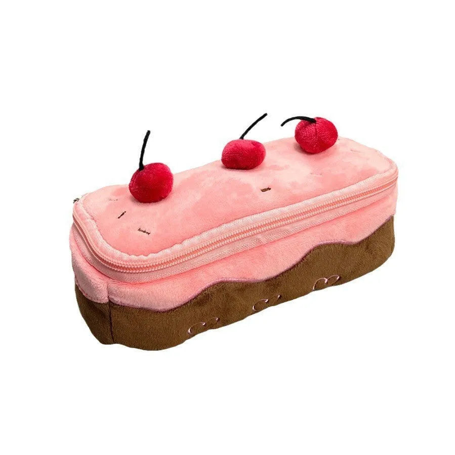 Cherry Cake coloured velvet pencil bag with Korean style design.