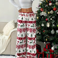 White floral print loose straight trousers for women, polyester fibre, Christmas plush style
