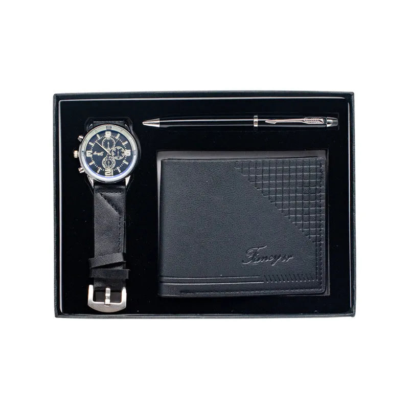 Creative holiday gift set showing wallet, pen, and watch in elegant gift box in black or brown colour