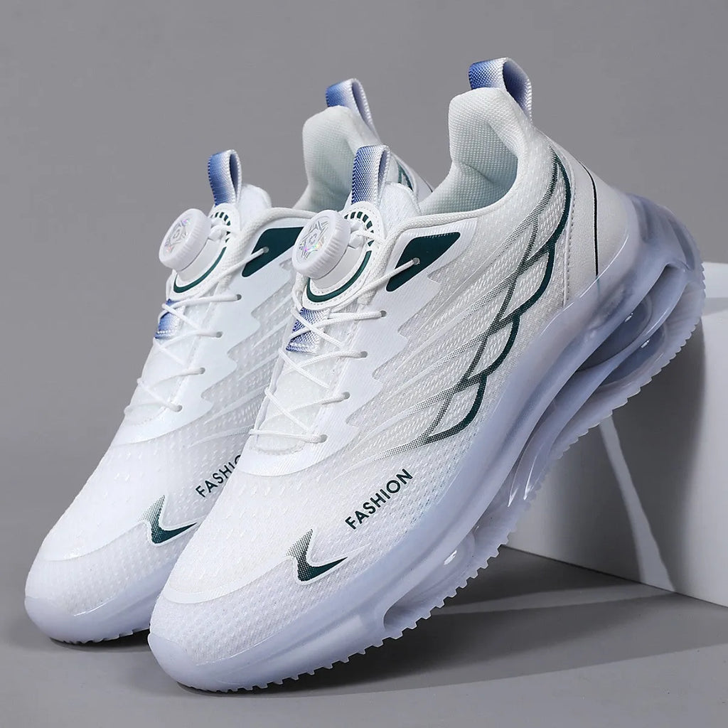 White men's casual sneakers with rotating button lace system and mesh upper in Korean style design