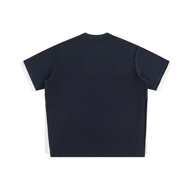 Loose retro alphabet embroidered waffle texture short-sleeved T-shirt in navy blue
