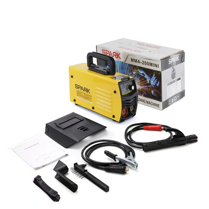MMA-200MIN DC inverter welding machine with welding tongs, grounding clamps, face shield and brush hangers