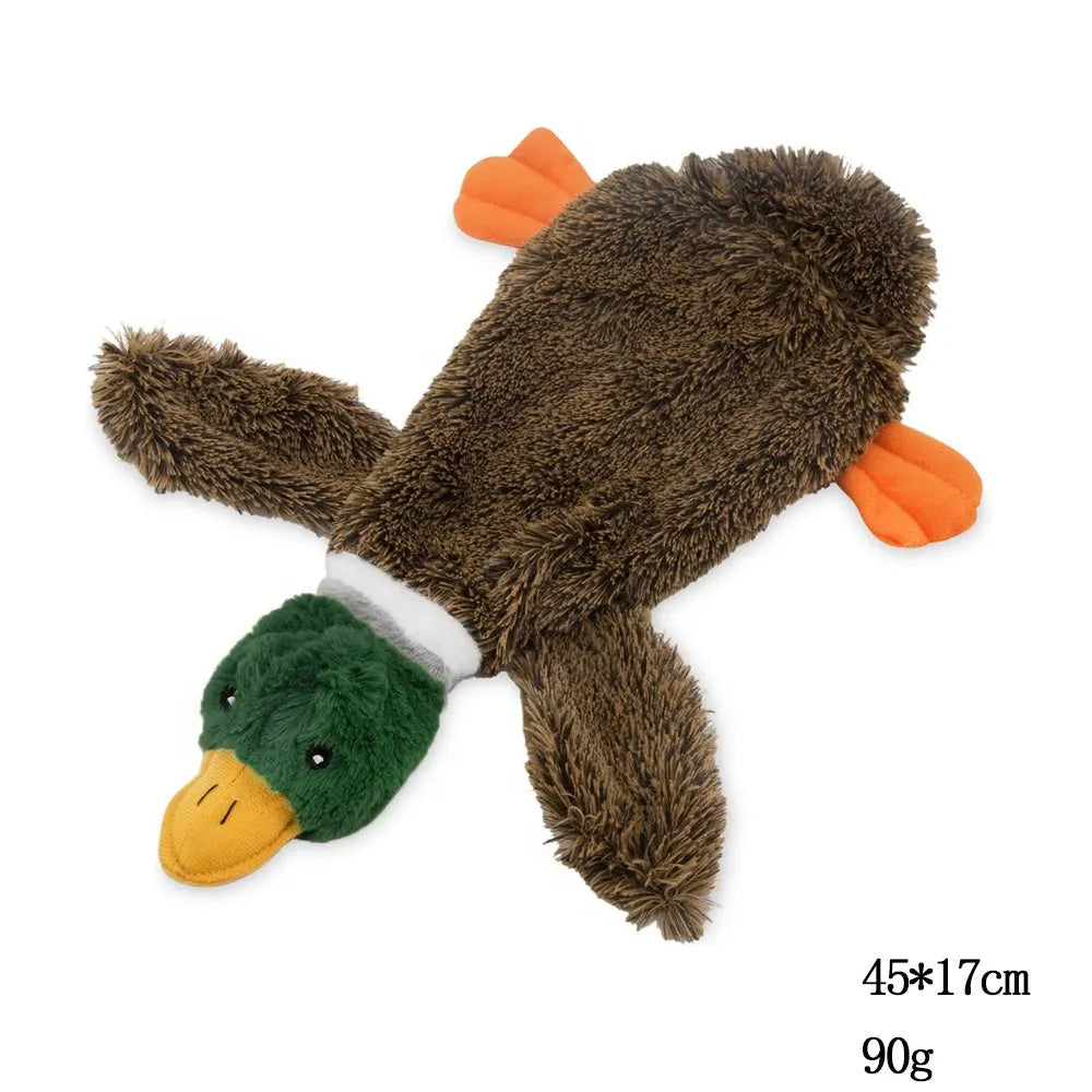 Green stuffless plush dog toy shaped like a duck with two squeakers and a bottle pocket.