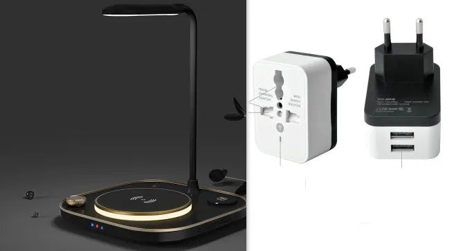 Wireless magnetic charging station with integrated desk lamp in black, green or white colours