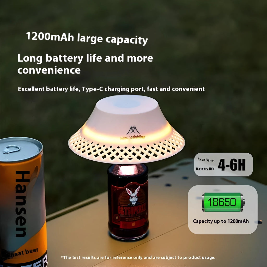 Beige and grey wine bottle shaped camping lantern with USB-C port on a wooden table.