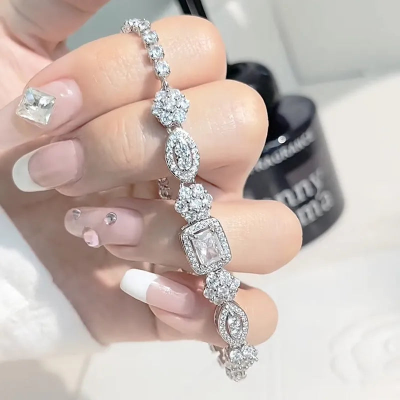 Women's geometric bracelet with silver and white gold plating featuring zircon stones