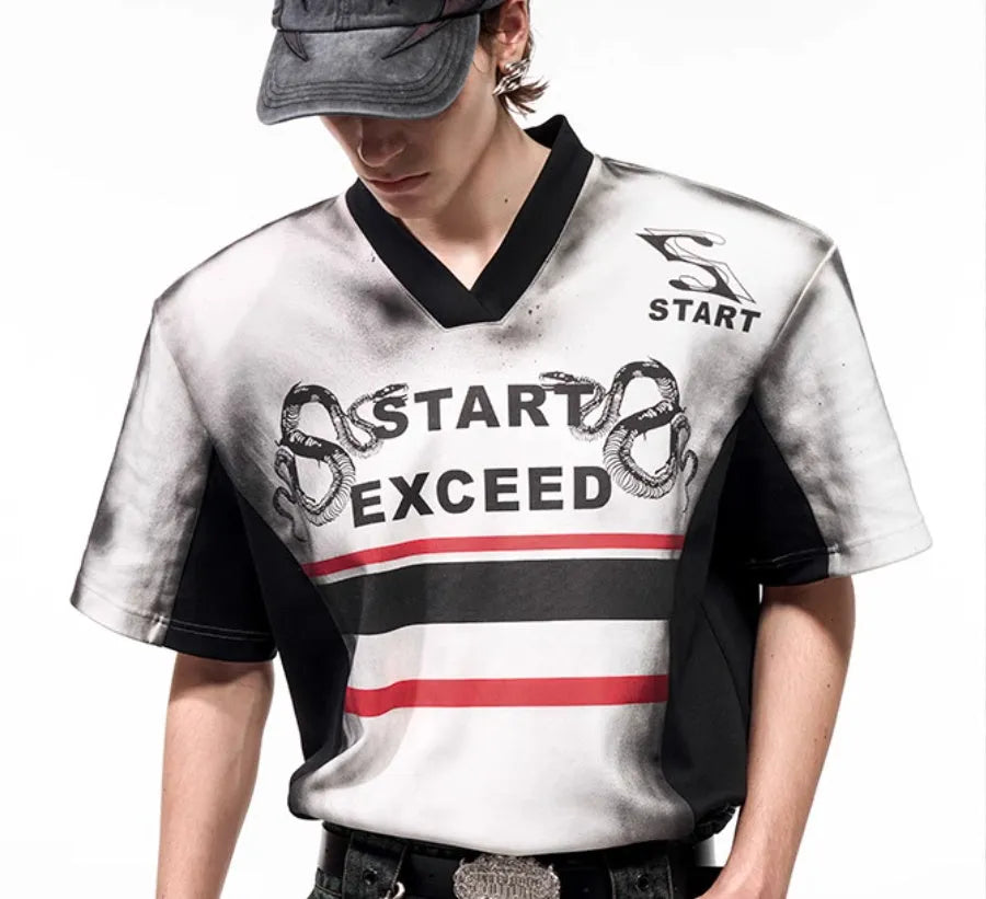 Korean style V-neck top with snake pattern lettering print and padded shoulder details