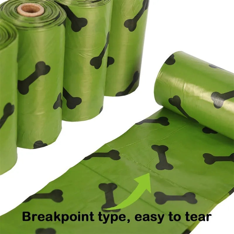 Military green degradable dog poop bags with black bone print, 23x33cm size