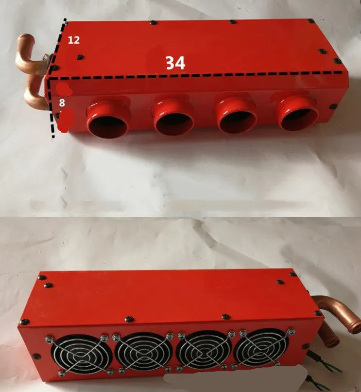 Metal car heater with four small copper pipes and two connection joints for 12V 24V vehicle heating.