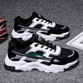 Black and white men's lace-up mesh sneakers with thick rubber sole for outdoor running