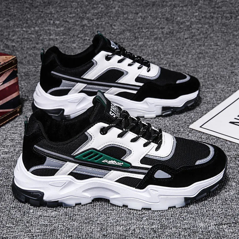 Black and white men's lace-up mesh sneakers with thick rubber sole for outdoor running