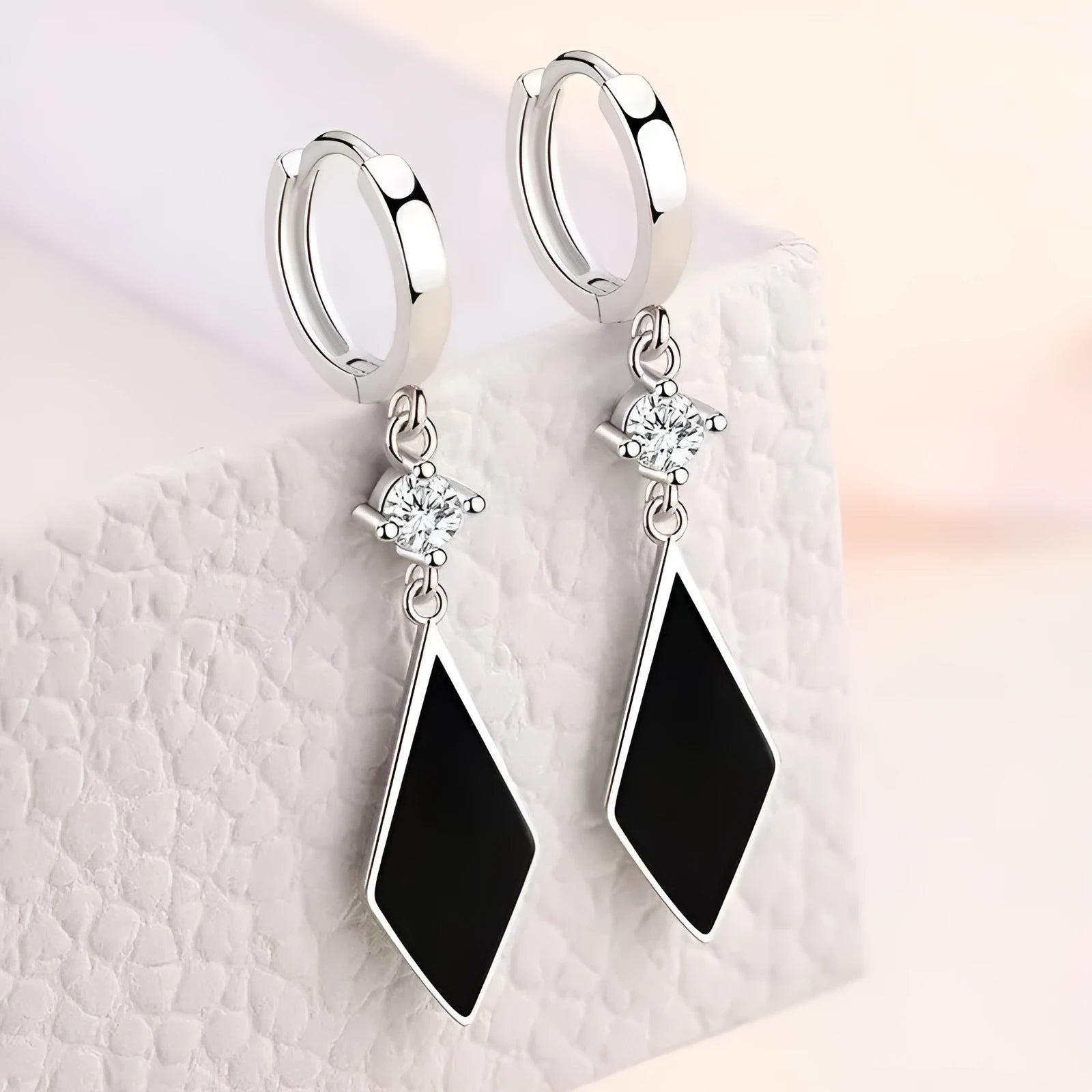 Silver vintage diamond geometric earrings with Japanese Korean style influences and ear clip design