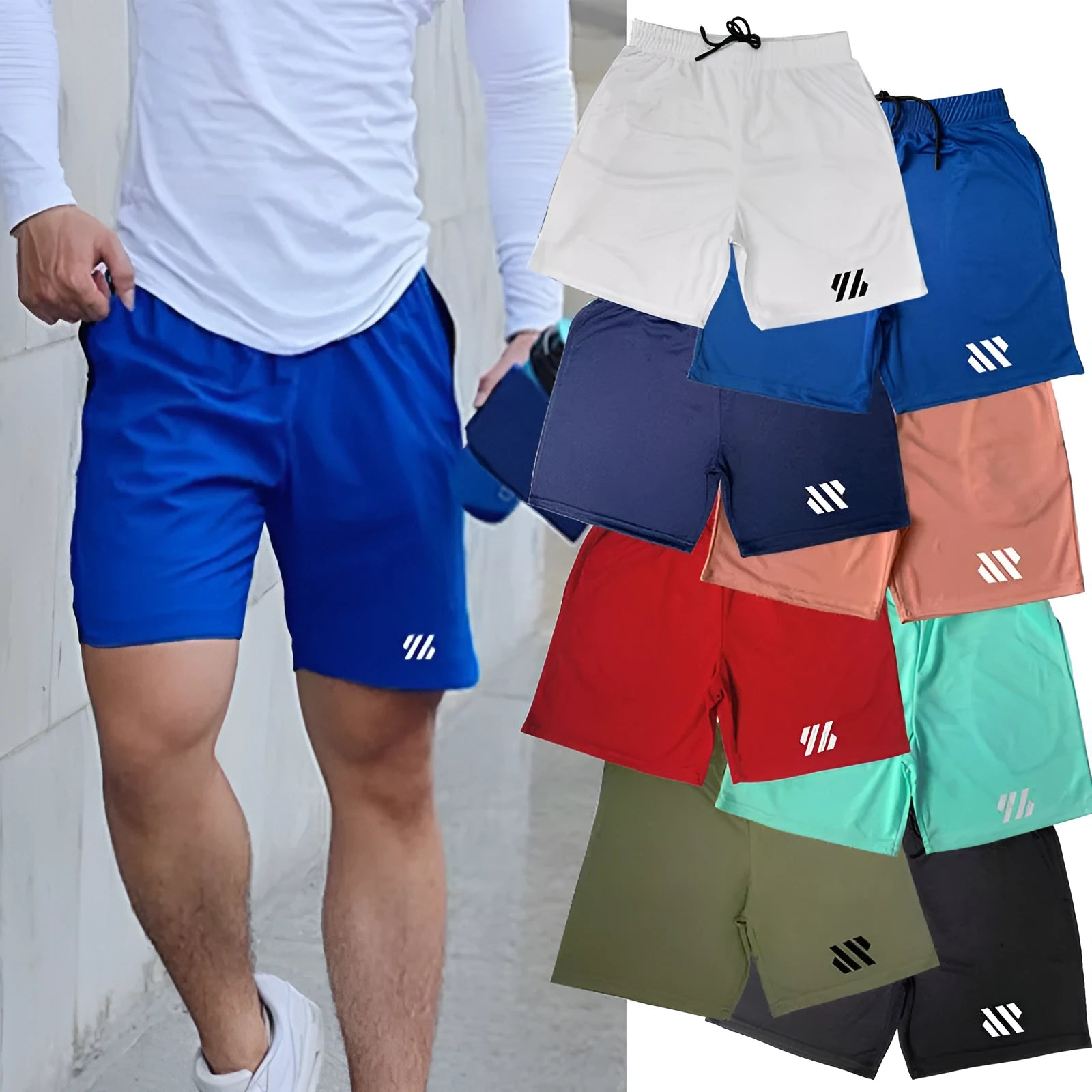 Loose-fit metal silk sports shorts in army green colour on a mannequin, shown for running and summer training.