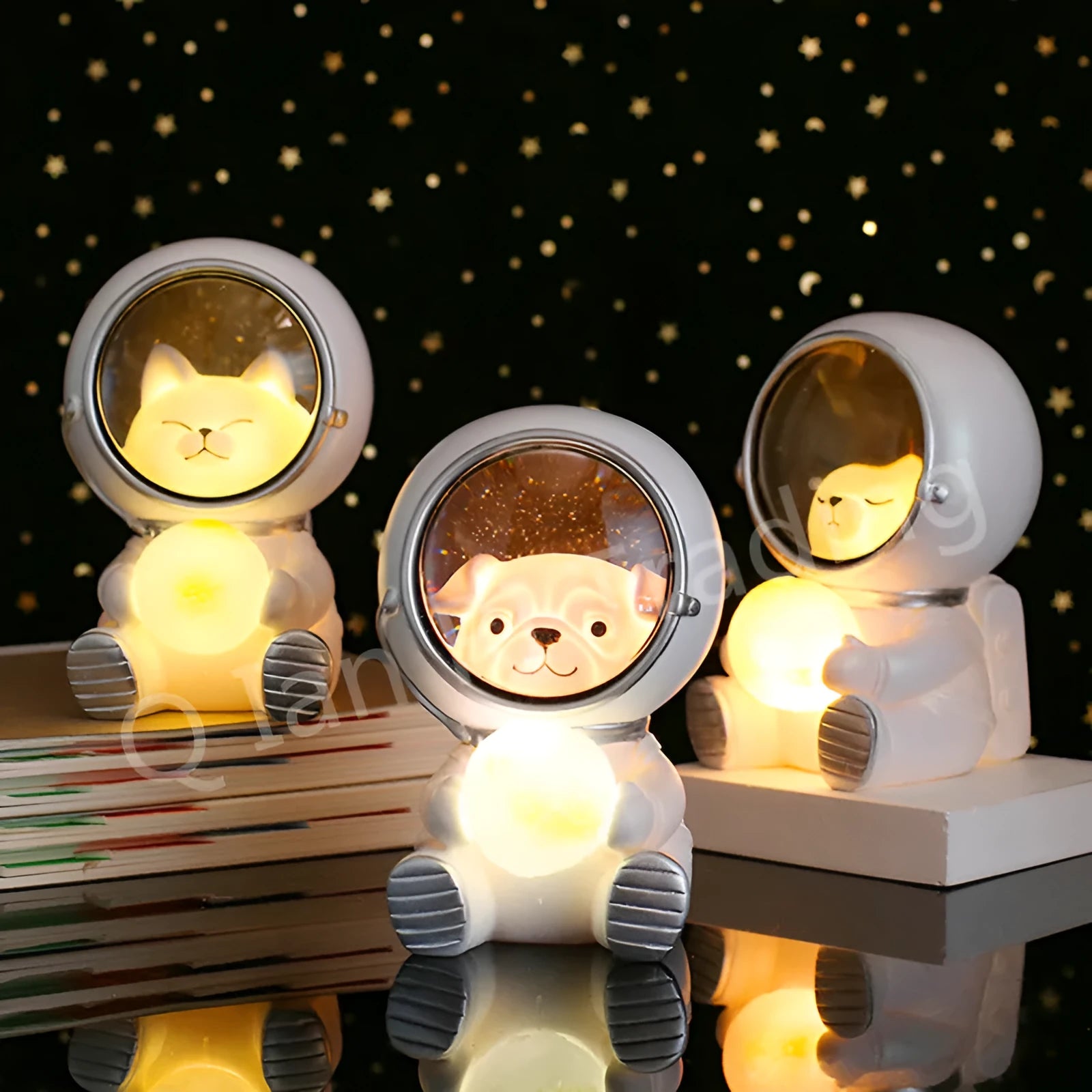 Starry sky animal night light resin lamp featuring bear, kitten, and puppy with LED glow, 9.5x10.5x13cm