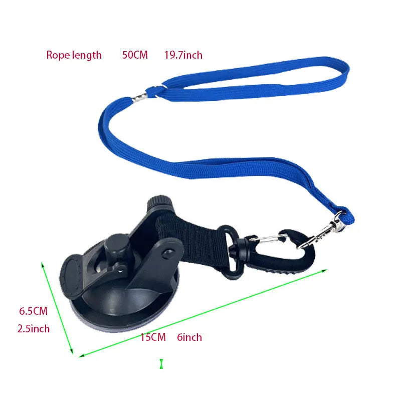 Black and blue suction cup dog bath restraint kit with large and small cups on a tub.