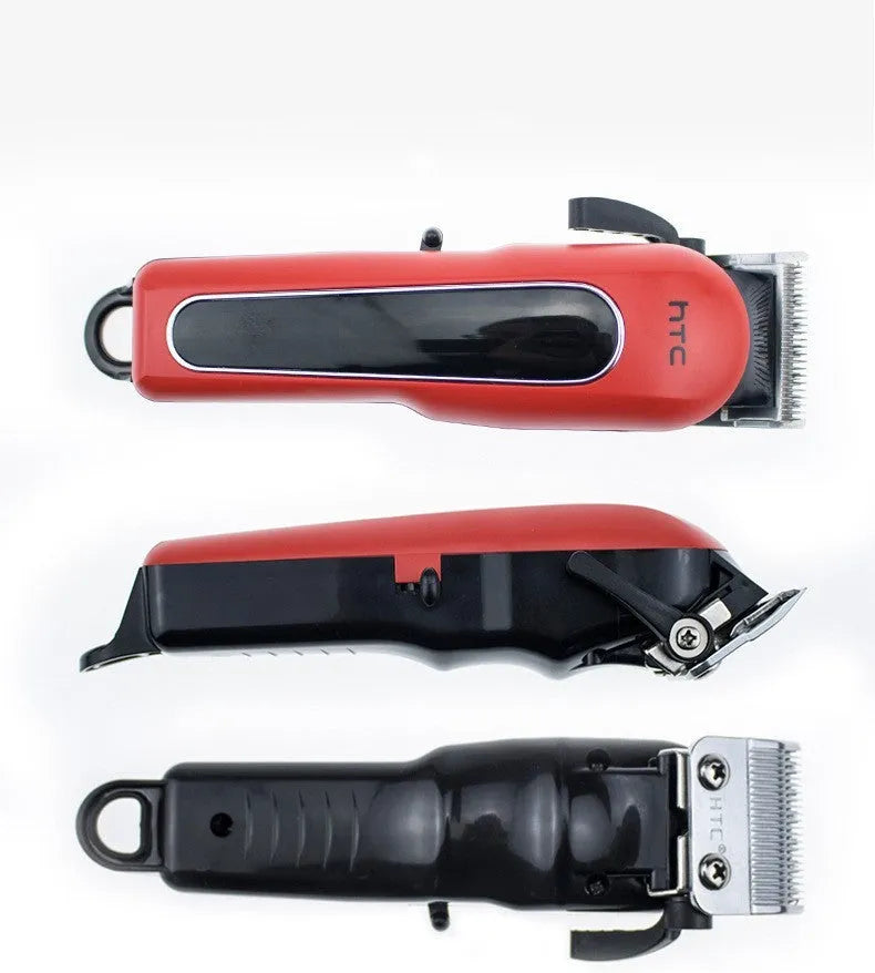 Professional waterproof electric hair clipper with brushless motor, shown in black, red, or white.