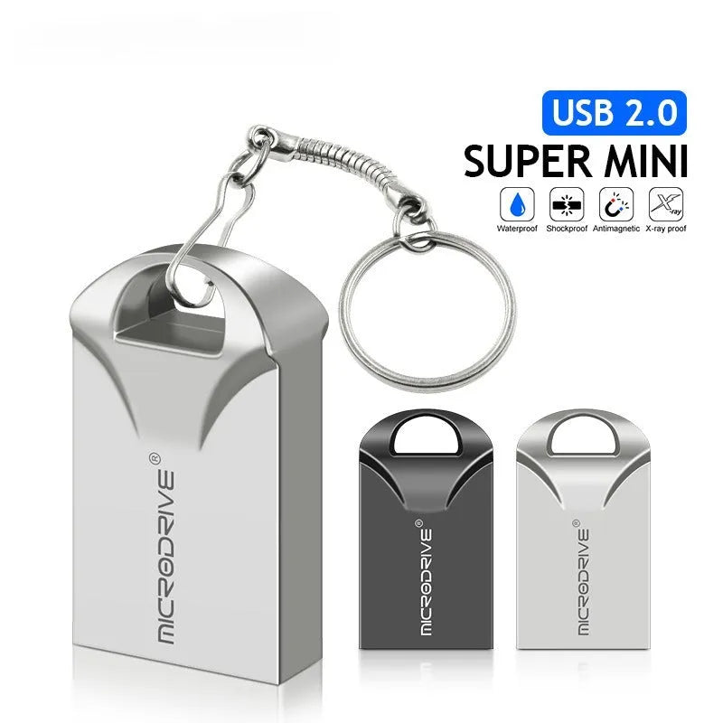 Mini metal USB flash drive in black and silver showing compact 23x12x8mm dimensions