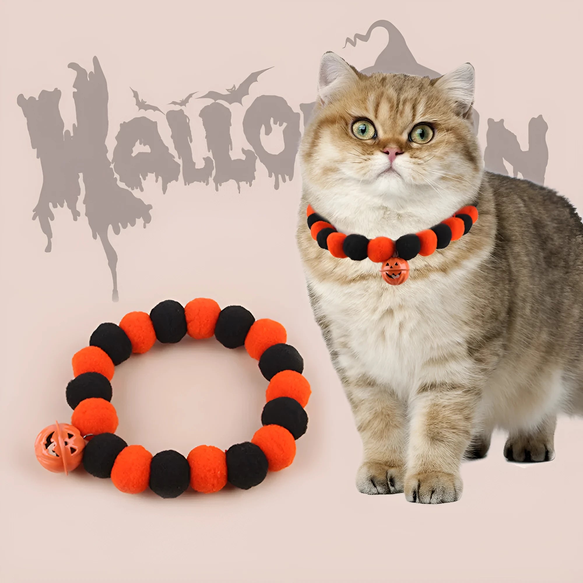 Halloween cat collar with pumpkin trick or treat pattern and plastic buckle