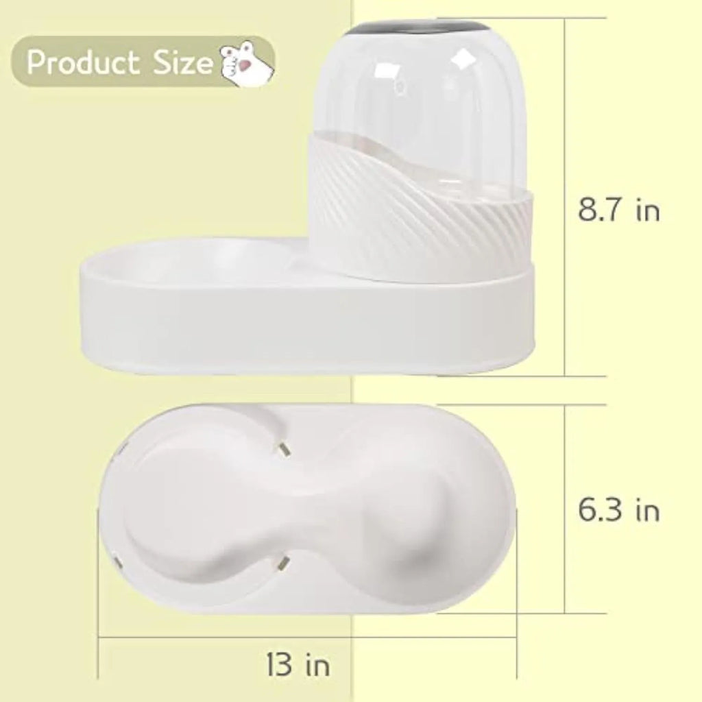 White automatic cat feeder and water dispenser set with wavy design, each bowl 33.5 cm long.
