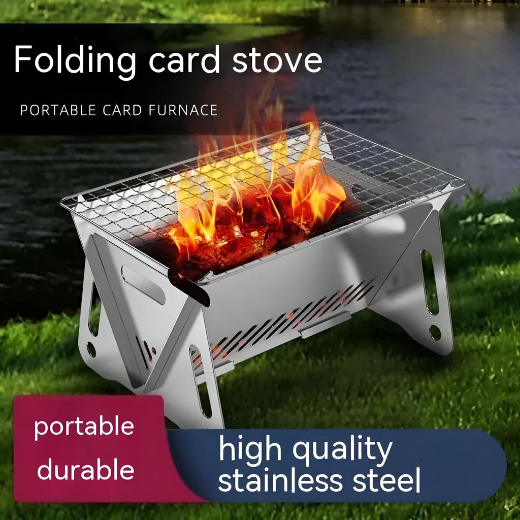 Large stainless steel folding barbecue oven with storage bag, suitable for outdoor grilling.