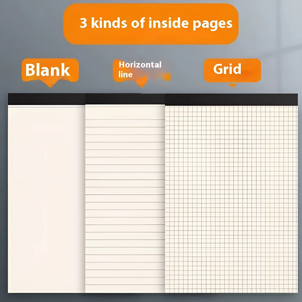 Set of three tearable writing pads in A5, B5 and A4 sizes showing blank, grid and lined ruling options.