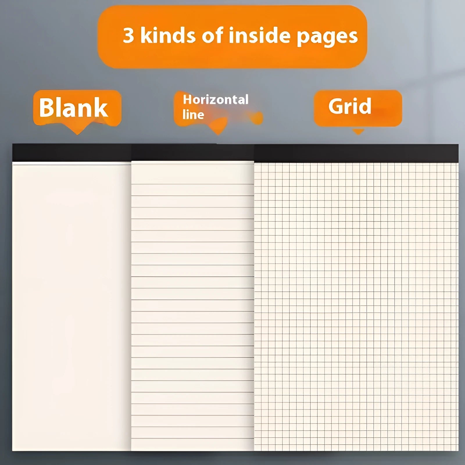 Set of three tearable writing pads in A5, B5 and A4 sizes showing blank, grid and lined ruling options.