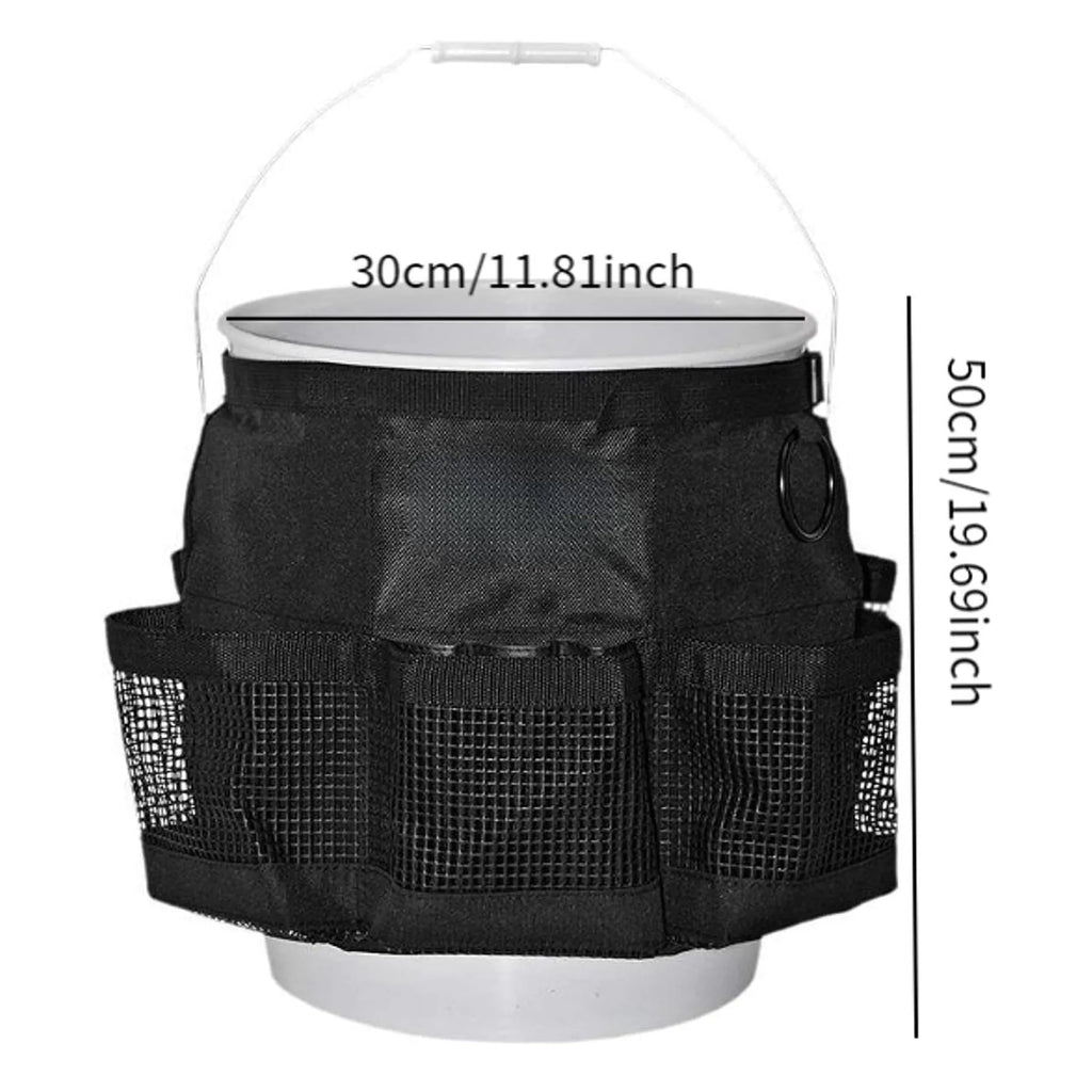 Black cylindrical polyester storage bag mounted on 5 gallon barrel with carry handles visible