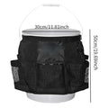 Black cylindrical polyester storage bag mounted on 5 gallon barrel with carry handles visible