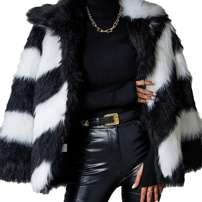 Women's minimalist faux fur coat with contrast color lapel and regular sleeves in picture color
