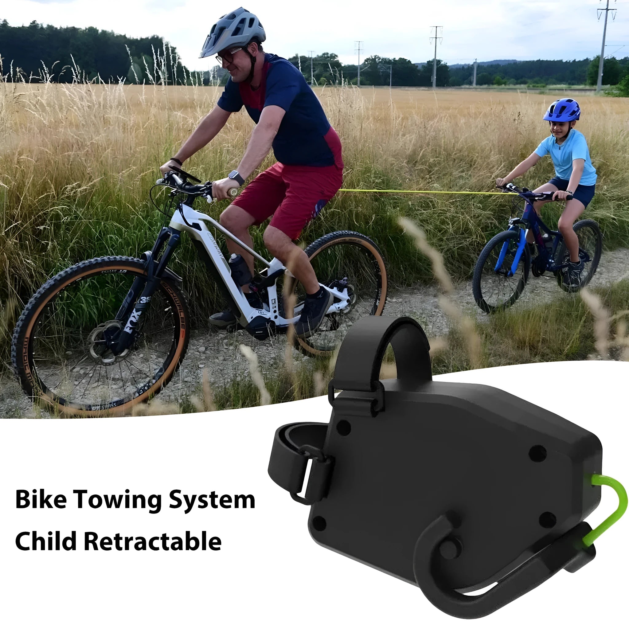 Black plastic bike trailer rope for connecting children's trailers to adult bicycles